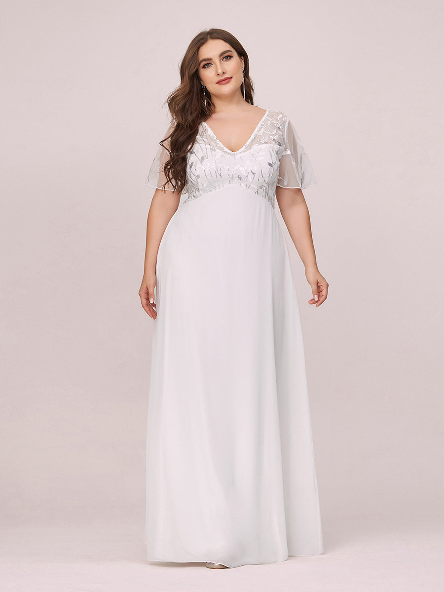 Color=Cream | Plus Size Floral Lace Sequin Print Evening Dresses With Cap Sleeve-Cream 4