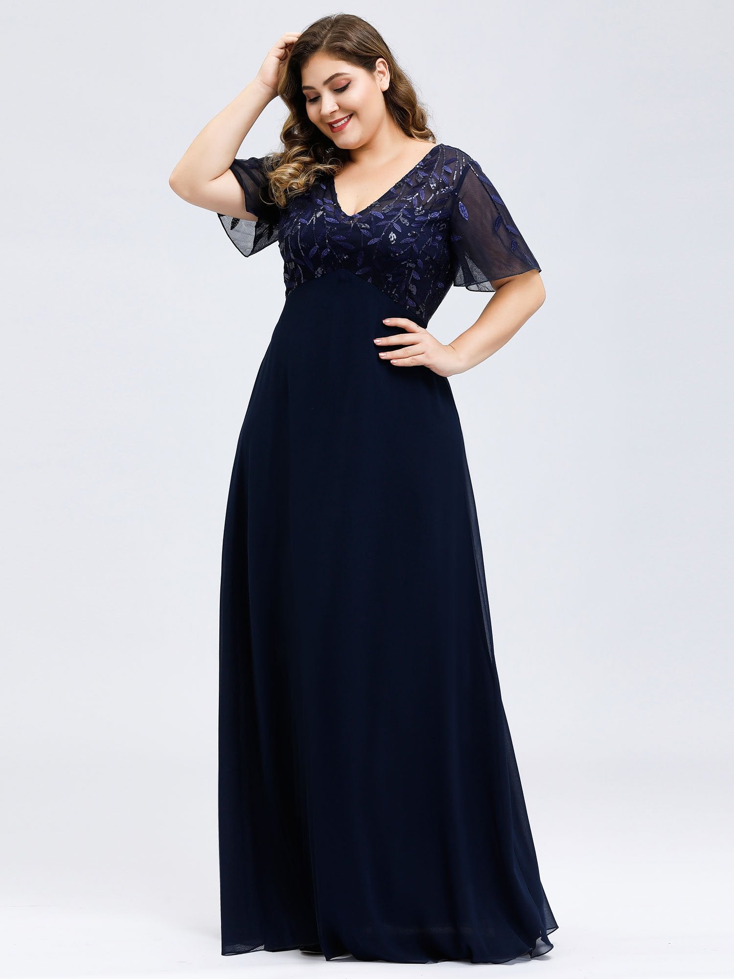 Color=Navy Blue | Plus Size Floral Lace Sequin Print Evening Dresses  With Cap Sleeve Ez07706-Navy Blue 3