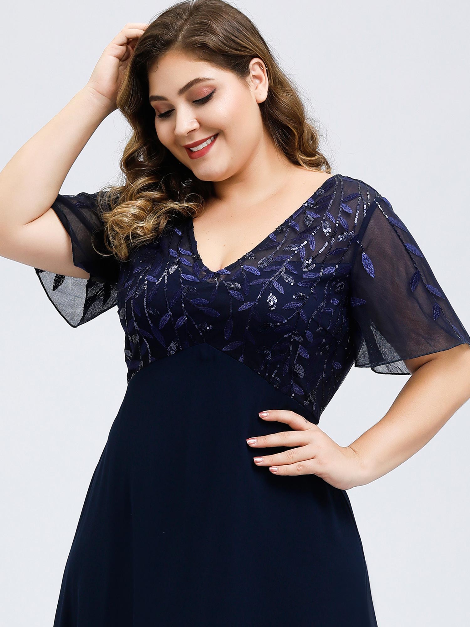 Color=Navy Blue | Plus Size Floral Lace Sequin Print Evening Dresses  With Cap Sleeve Ez07706-Navy Blue 5
