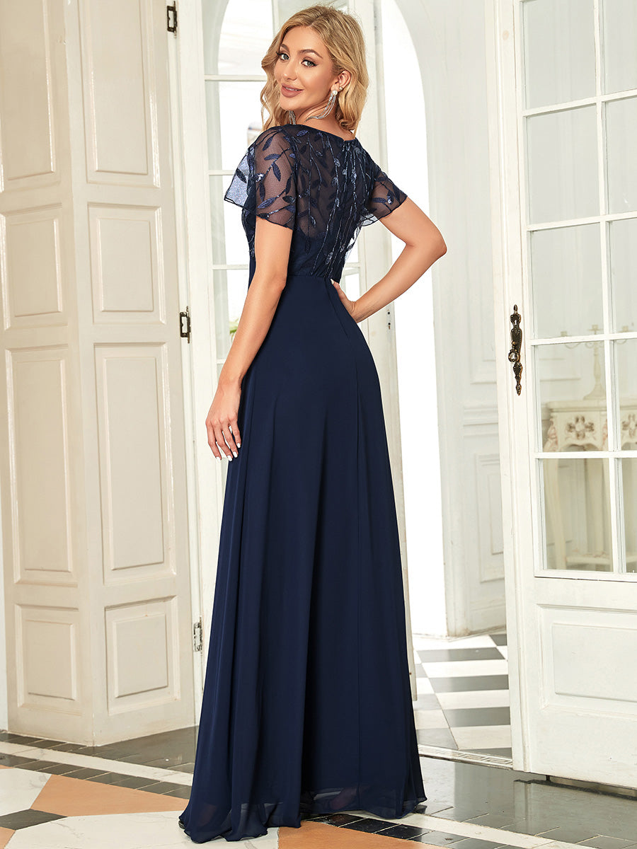 Color=Navy Blue | Floral Lace Sequin Print Evening Dresses With Cap Sleeve Ez07706-Navy Blue 2