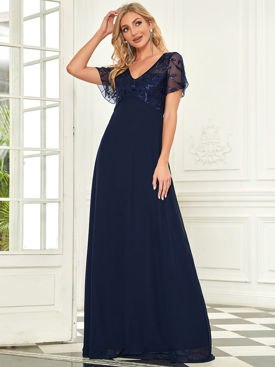 Color=Navy Blue | Floral Lace Sequin Print Evening Dresses With Cap Sleeve Ez07706-Navy Blue 3