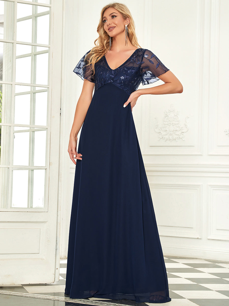 Color=Navy Blue | Floral Lace Sequin Print Evening Dresses With Cap Sleeve Ez07706-Navy Blue 4