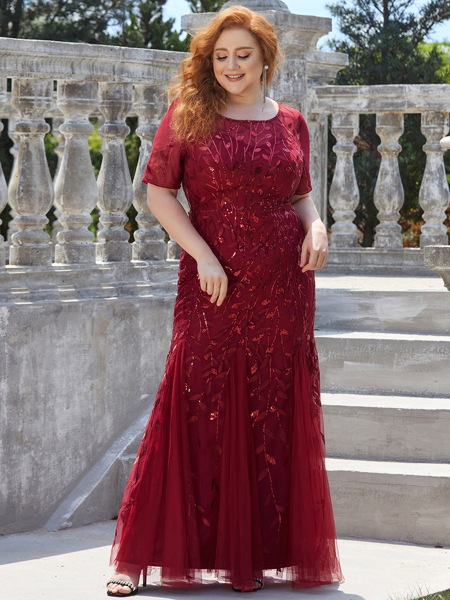 Color=Burgundy | Plus Size Floral Sequin Print Fishtail Tulle Dresses for Party-Burgundy 4