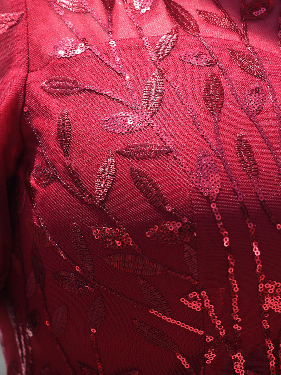 Color=Burgundy | Plus Size Floral Sequin Print Fishtail Tulle Dresses for Party-Burgundy 5