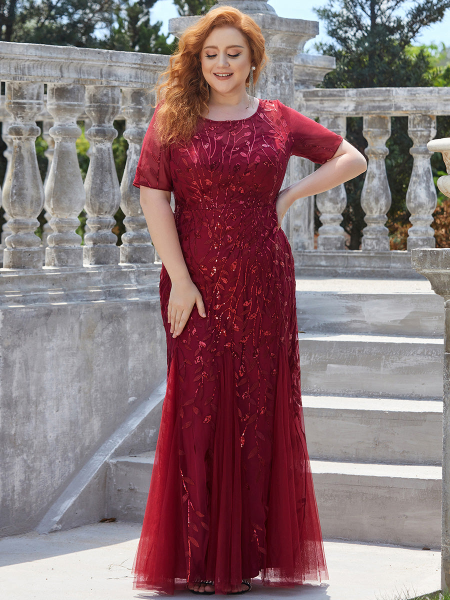 Color=Burgundy | Plus Size Floral Sequin Print Fishtail Tulle Dresses for Party-Burgundy 1