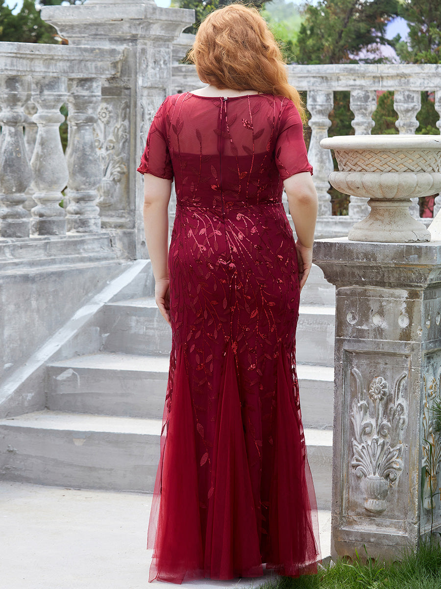 Color=Burgundy | Plus Size Floral Sequin Print Fishtail Tulle Dresses for Party-Burgundy 2