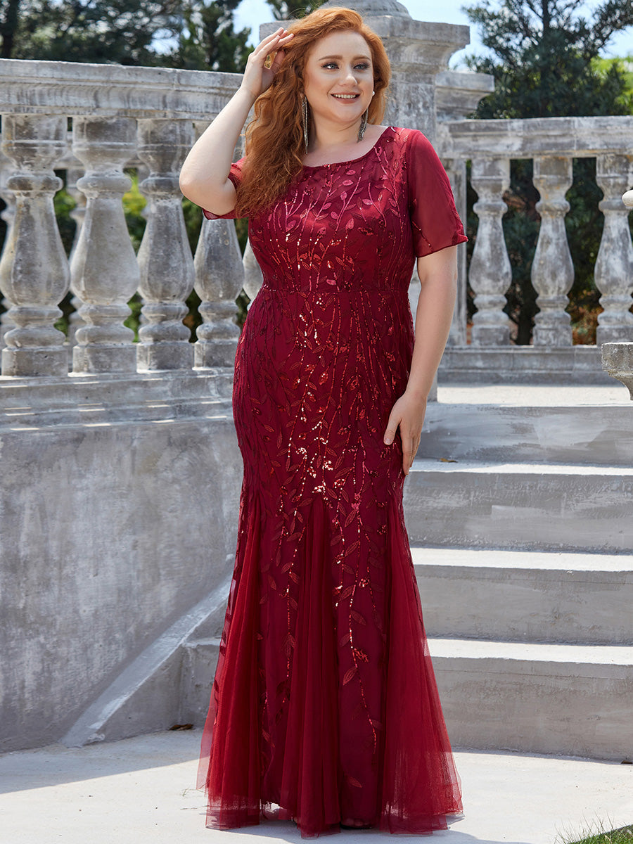 Color=Burgundy | Plus Size Floral Sequin Print Fishtail Tulle Dresses for Party-Burgundy 3