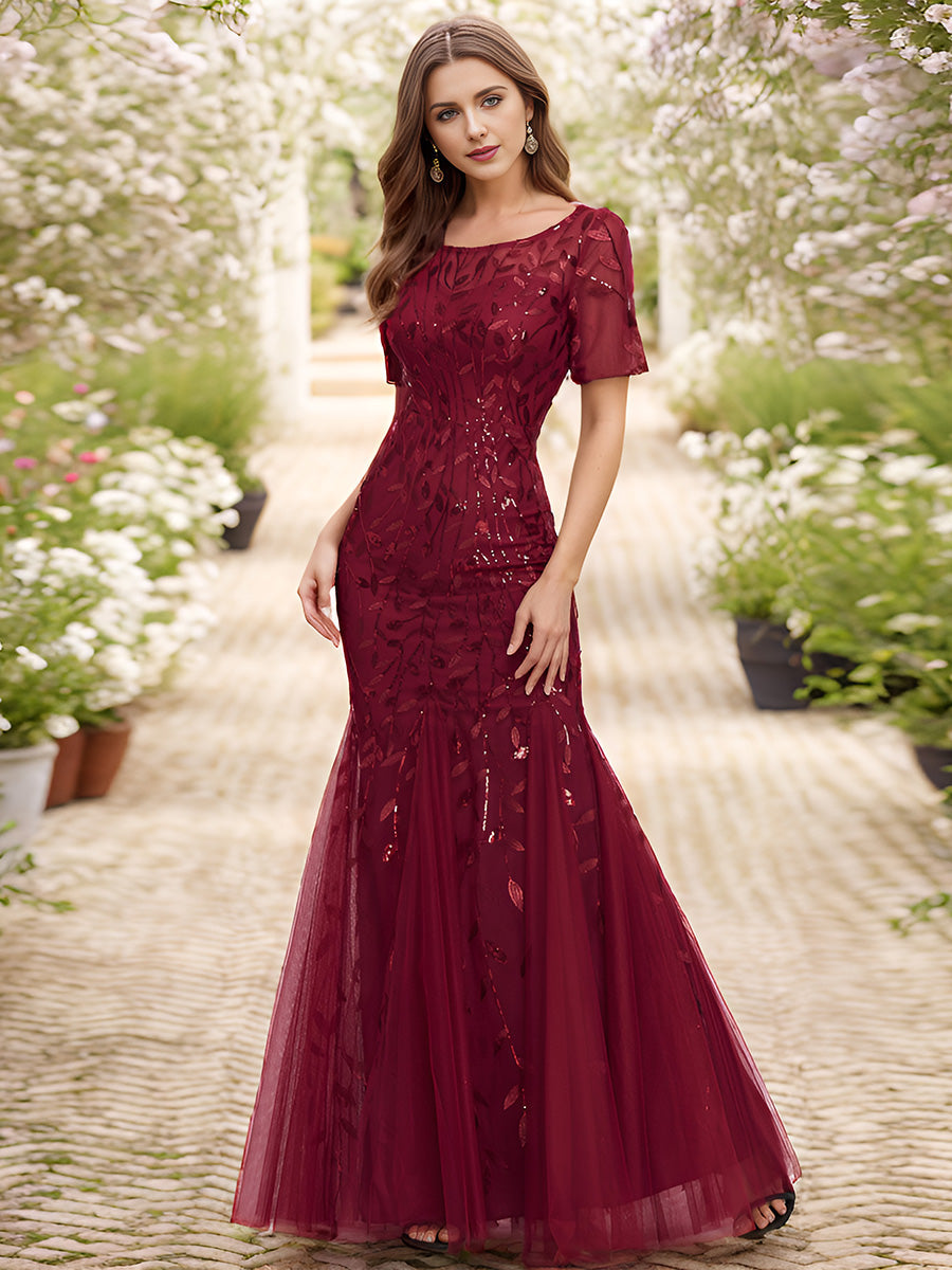 Plus Size Women's Floral Sequin Fishtail Tulle Dresses for Party