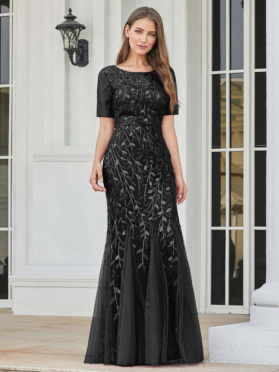 Color=Black | Women'S Floral Sequin Print Fishtail Tulle Dresses For Party-Black 1
