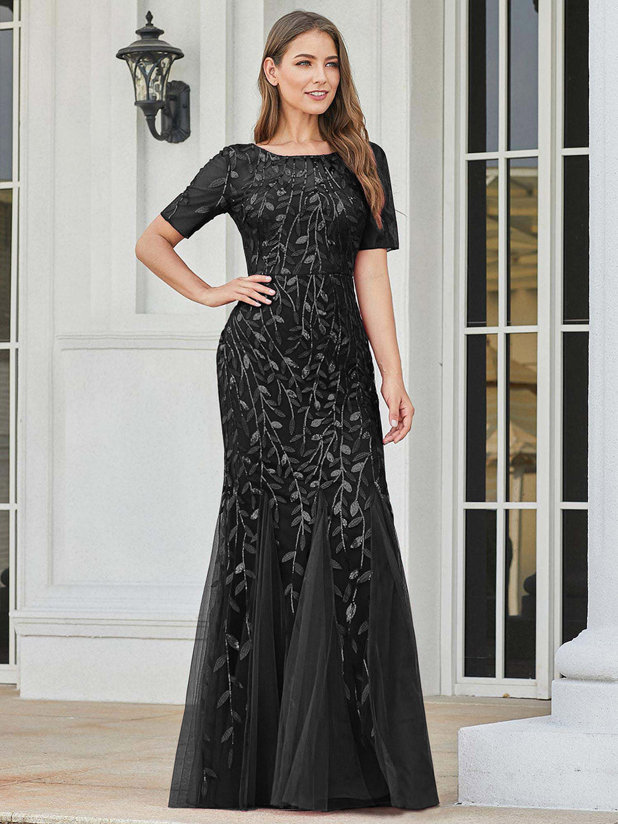 Color=Black | Women'S Floral Sequin Print Fishtail Tulle Dresses For Party-Black 2