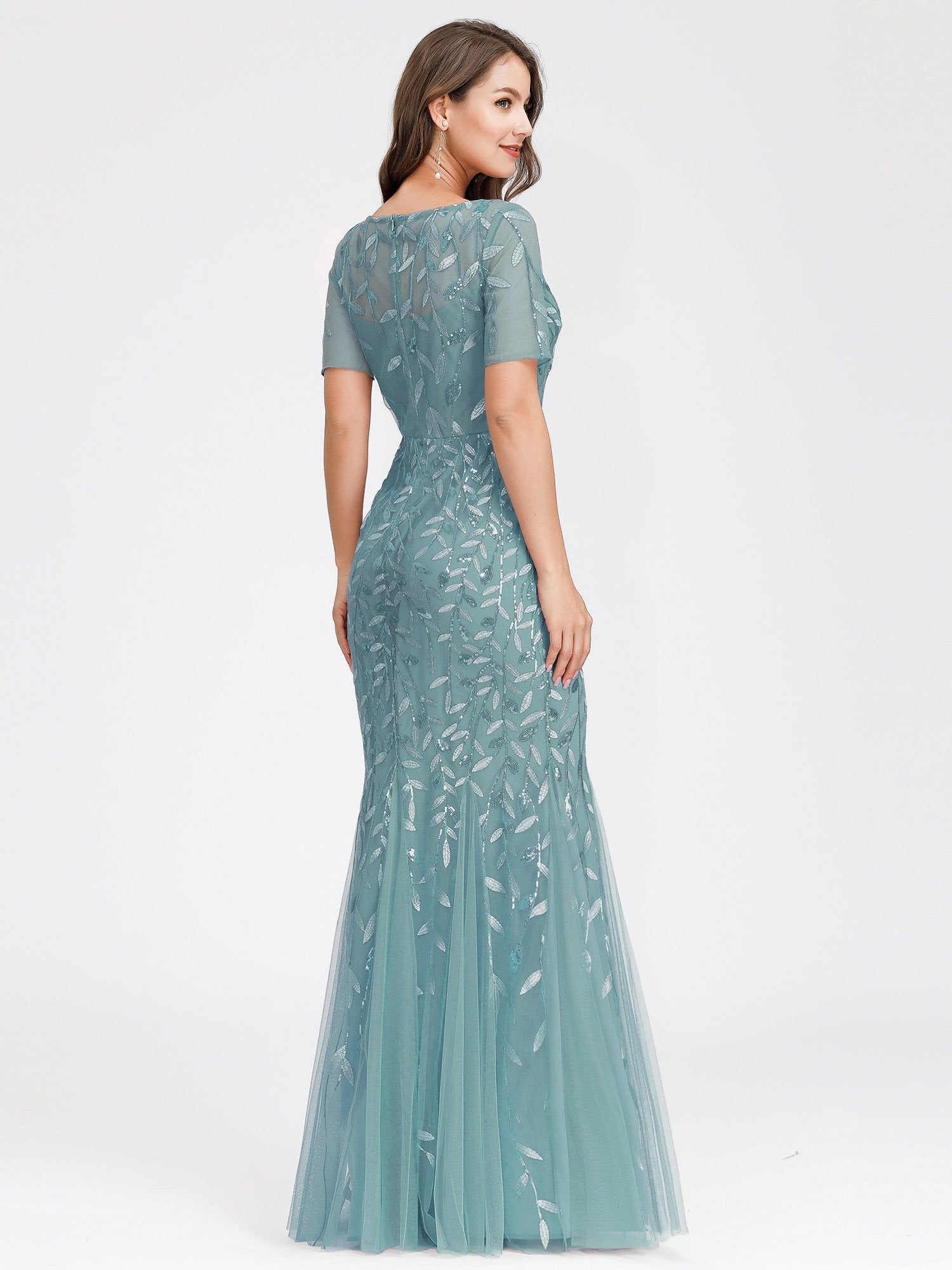 Color=Dusty blue | Women'S Floral Sequin Print Fishtail Tulle Dresses For Party-Dusty Blue 6