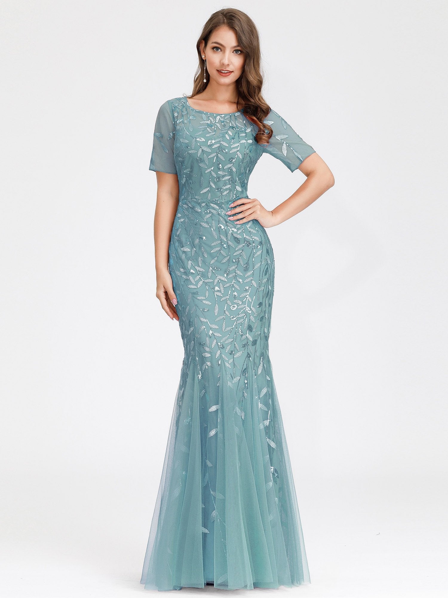 Color=Dusty blue | Women'S Floral Sequin Print Fishtail Tulle Dresses For Party-Dusty Blue 5