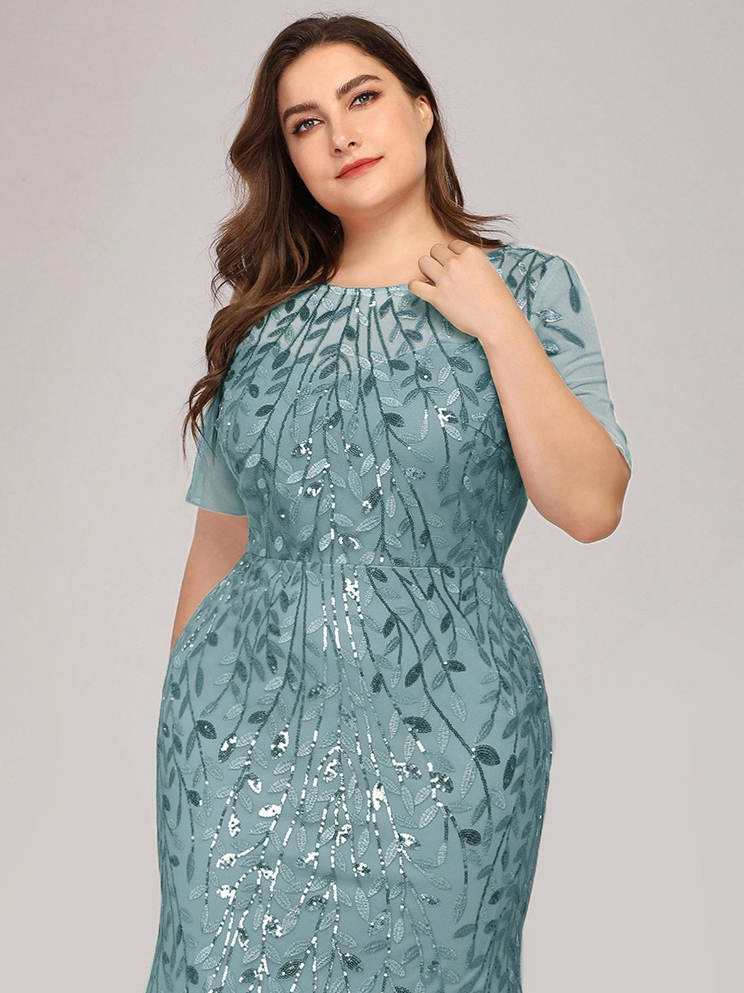 Color=Dusty blue | Women'S Floral Sequin Print Fishtail Tulle Dresses For Party-Dusty Blue 10