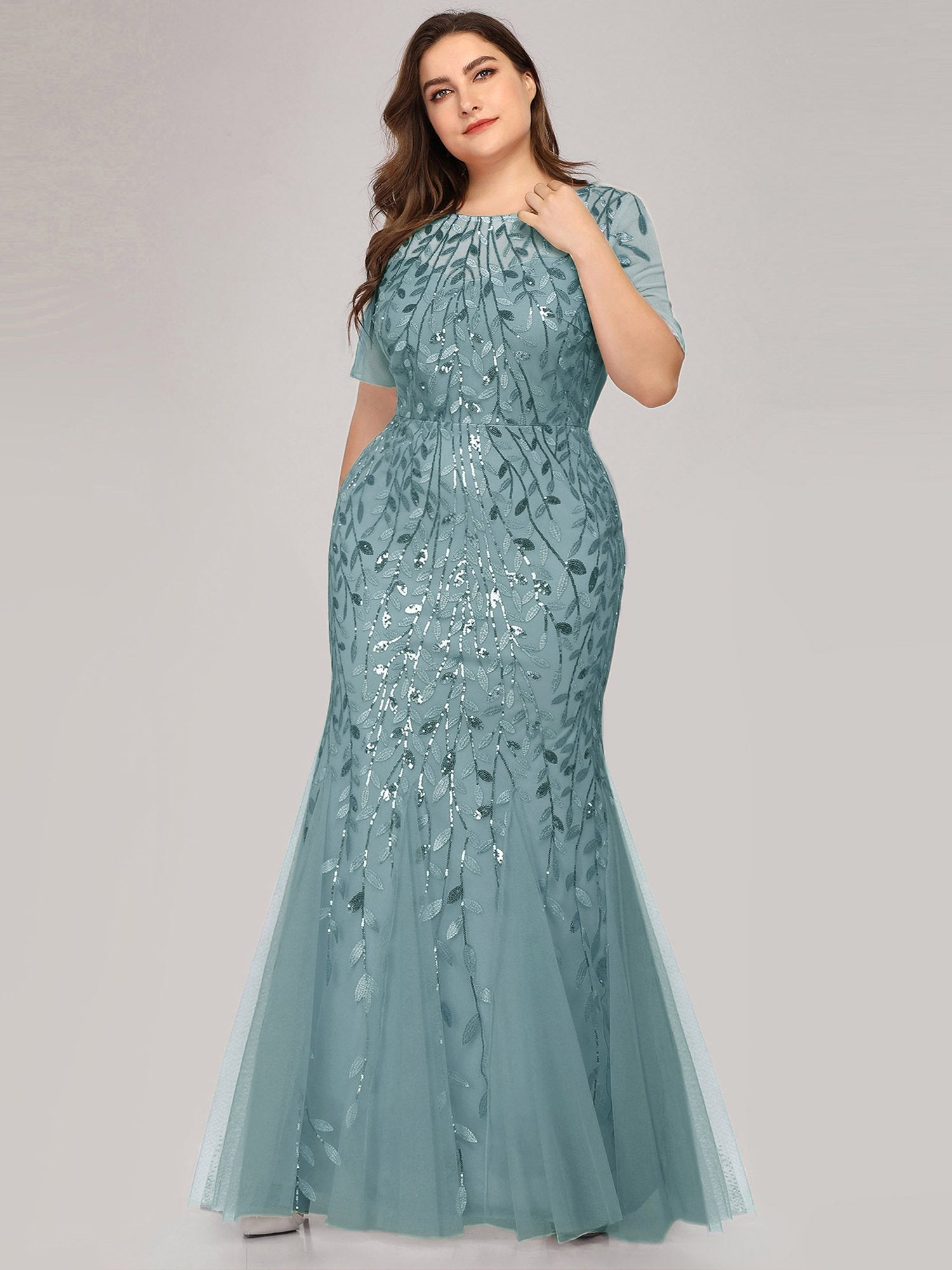 Color=Dusty blue | Women'S Floral Sequin Print Fishtail Tulle Dresses For Party-Dusty Blue 6