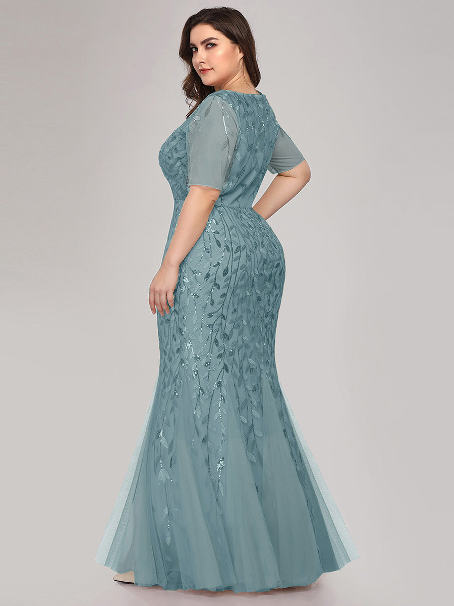 Color=Dusty Blue | Plus Size Floral Sequin Print Fishtail Tulle Dresses for Party-Dusty Blue 2