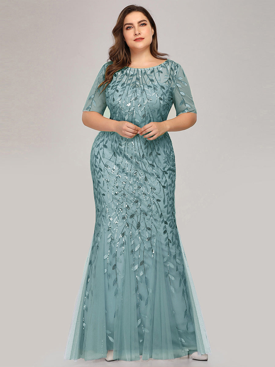 Color=Dusty Blue | Plus Size Floral Sequin Print Fishtail Tulle Dresses for Party-Dusty Blue 3