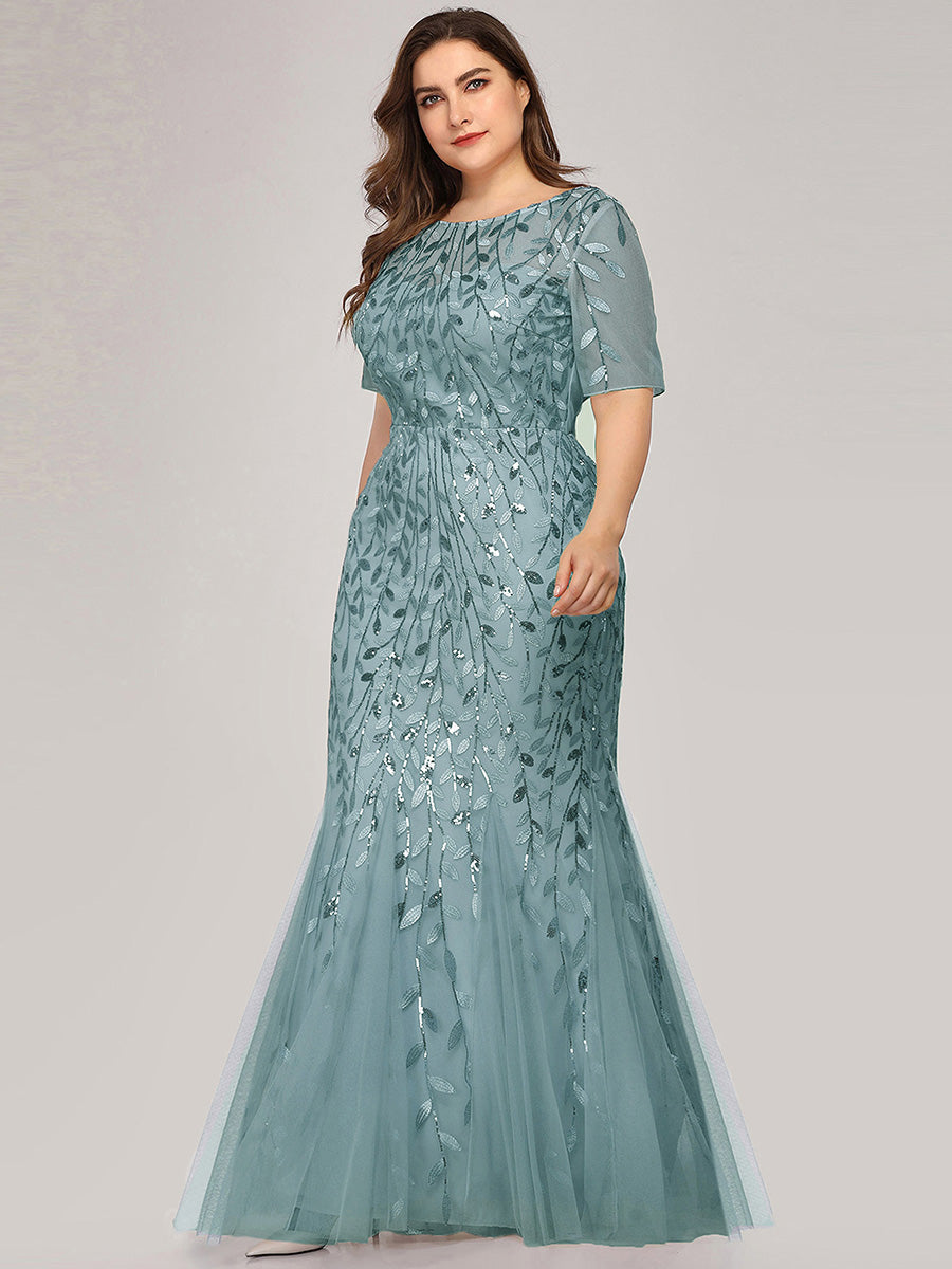 Color=Dusty Blue | Plus Size Floral Sequin Print Fishtail Tulle Dresses for Party-Dusty Blue 4