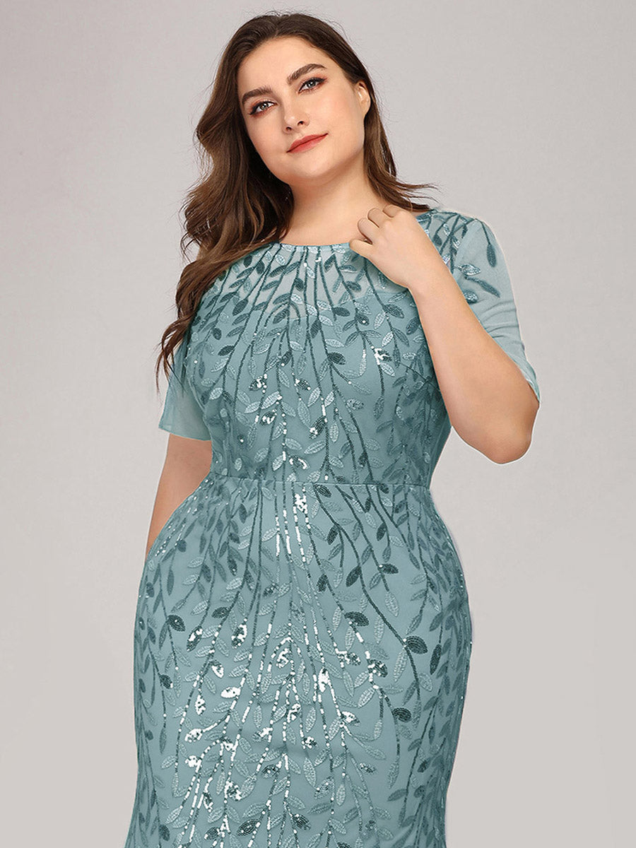 Color=Dusty Blue | Plus Size Floral Sequin Print Fishtail Tulle Dresses for Party-Dusty Blue 5