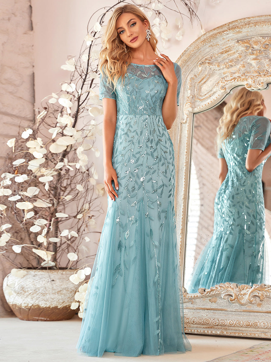 Color=Dusty blue | Women'S Floral Sequin Print Fishtail Tulle Dresses For Party-Dusty Blue 1