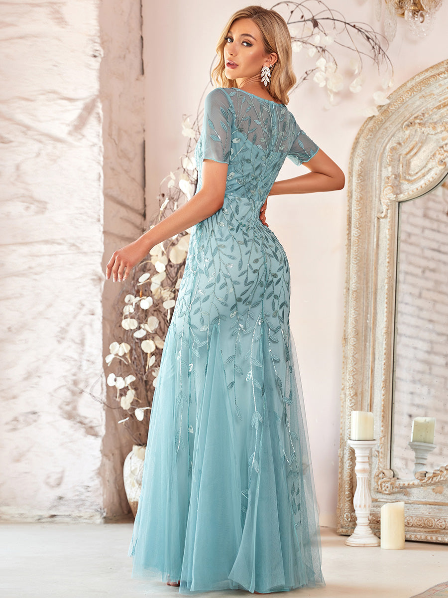 Color=Dusty blue | Women'S Floral Sequin Print Fishtail Tulle Dresses For Party-Dusty Blue 2