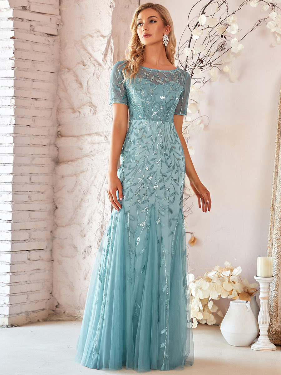 Color=Dusty blue | Women'S Floral Sequin Print Fishtail Tulle Dresses For Party-Dusty Blue 4