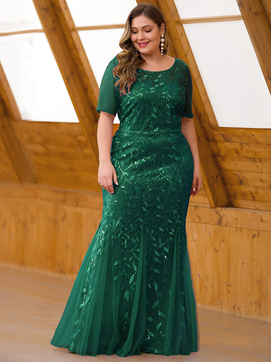 Color=Dark Green | Plus Size Floral Sequin Print Fishtail Tulle Dresses for Party-Dark Green 3