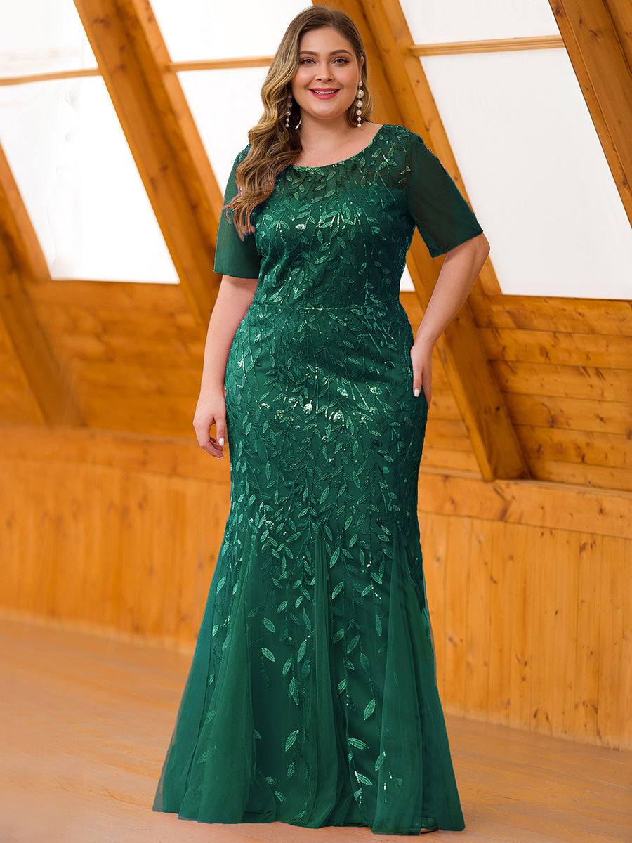 Color=Dark Green | Plus Size Floral Sequin Print Fishtail Tulle Dresses for Party-Dark Green 4