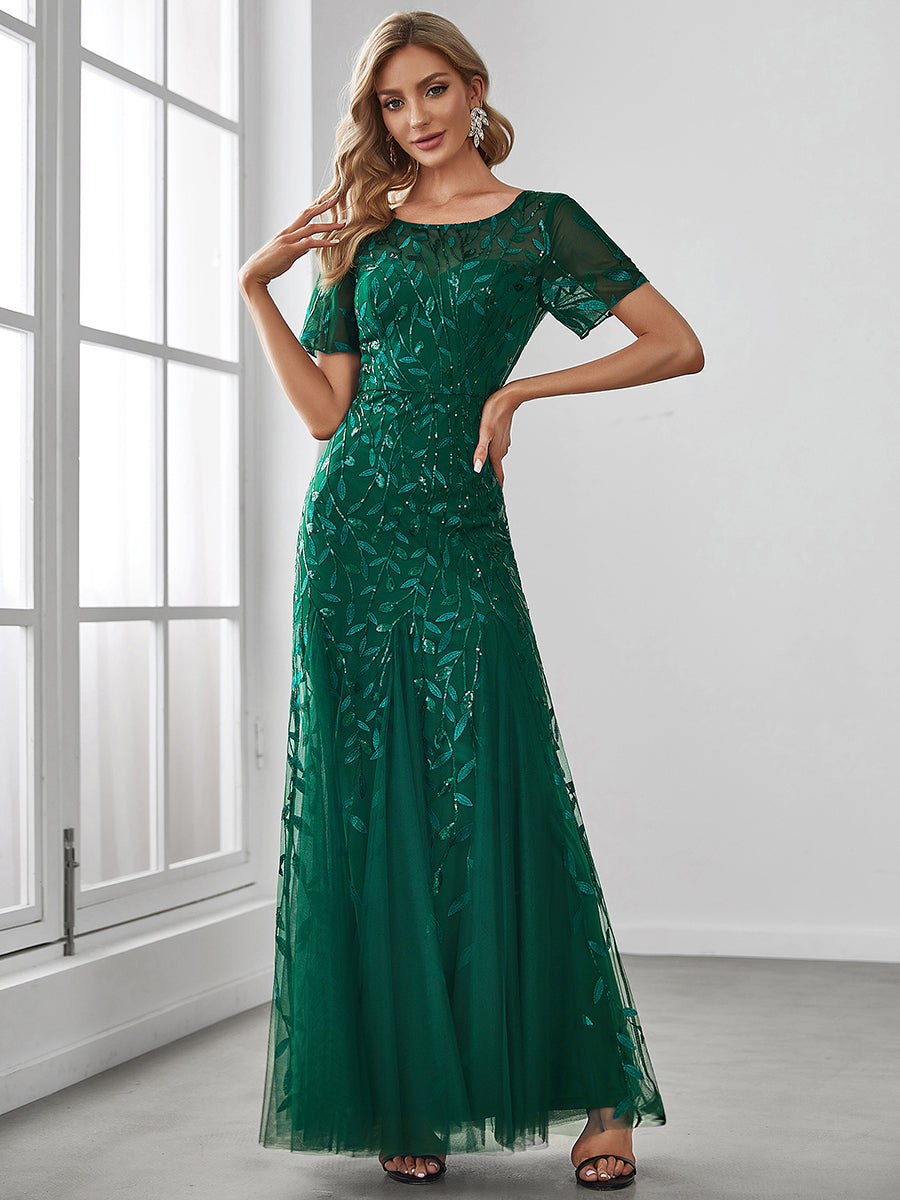 Color=Dark Green | Women'S Floral Sequin Print Fishtail Tulle Dresses For Party-Dark Green 1