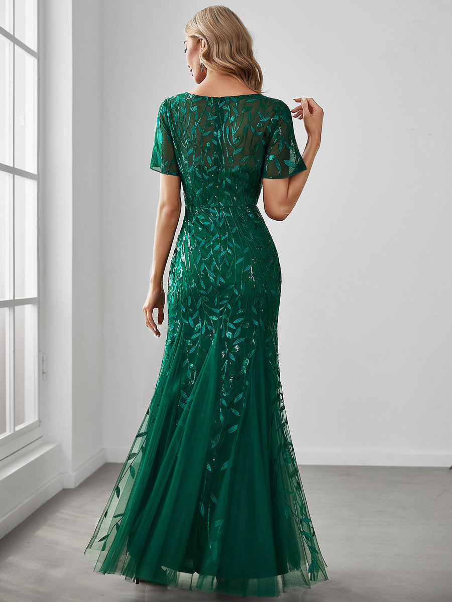 Color=Dark Green | Women'S Floral Sequin Print Fishtail Tulle Dresses For Party-Dark Green 2