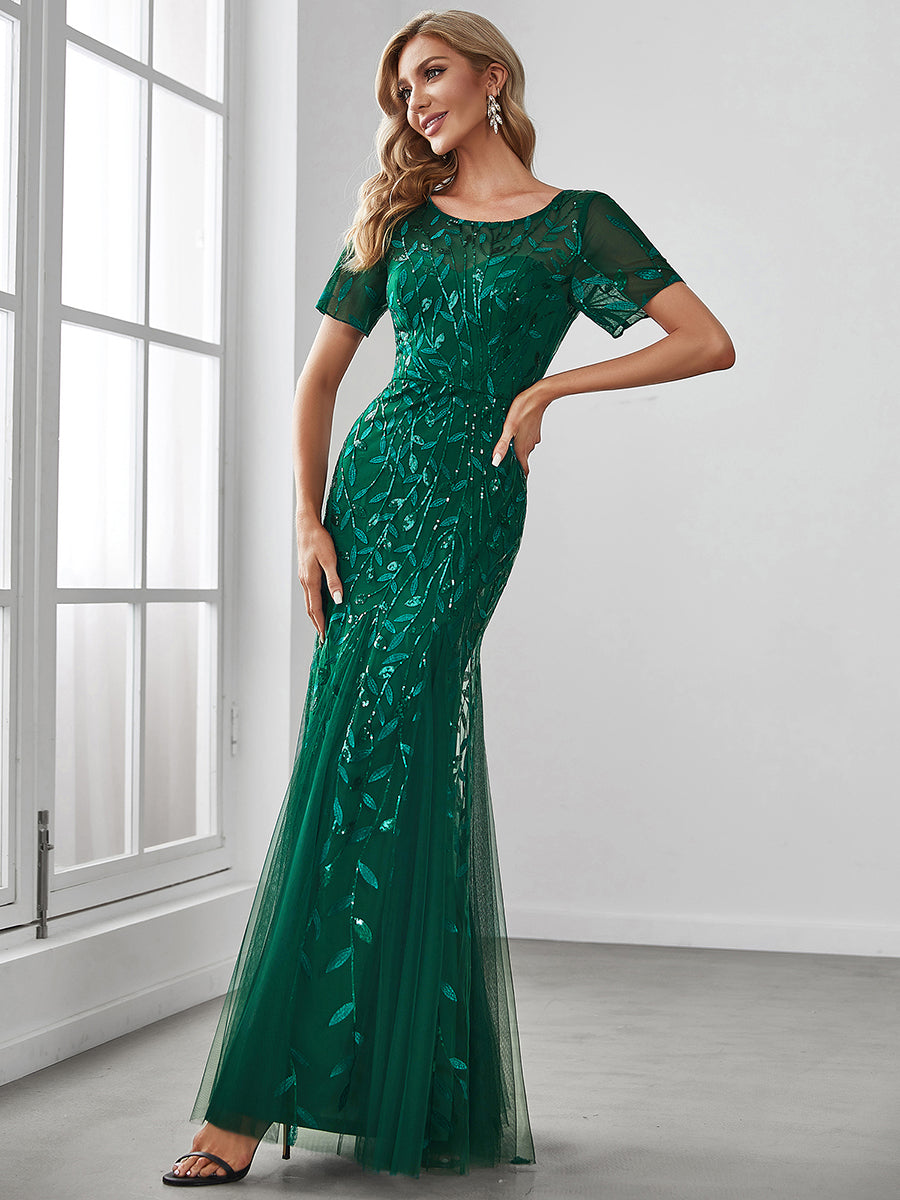 Color=Dark Green | Women'S Floral Sequin Print Fishtail Tulle Dresses For Party-Dark Green 3
