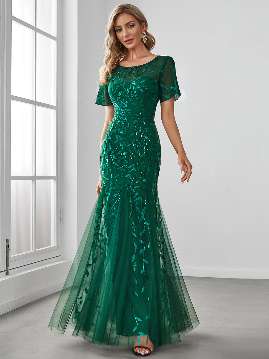 Color=Dark Green | Women'S Floral Sequin Print Fishtail Tulle Dresses For Party-Dark Green 4