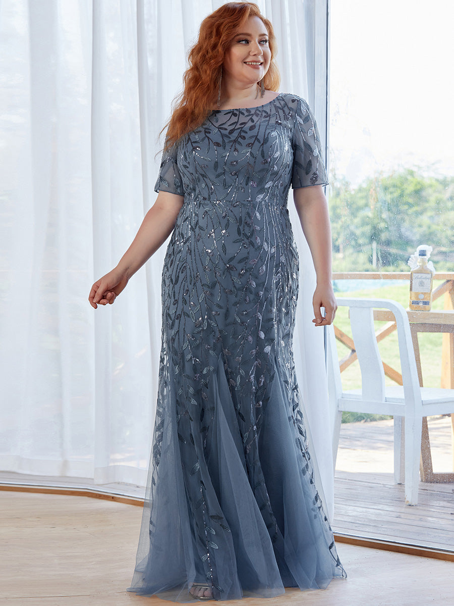 Color=Dusty Blue | Plus Size Floral Sequin Print Fishtail Tulle Dresses for Party-Dusty Blue 4