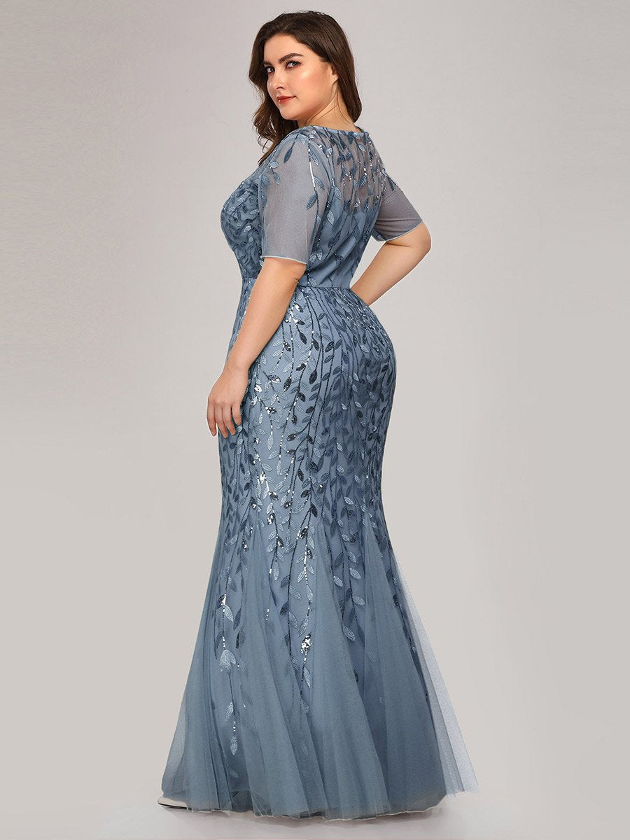 Color=Dusty Blue | Women'S Floral Sequin Print Fishtail Tulle Dresses For Party-Dusty Blue 7