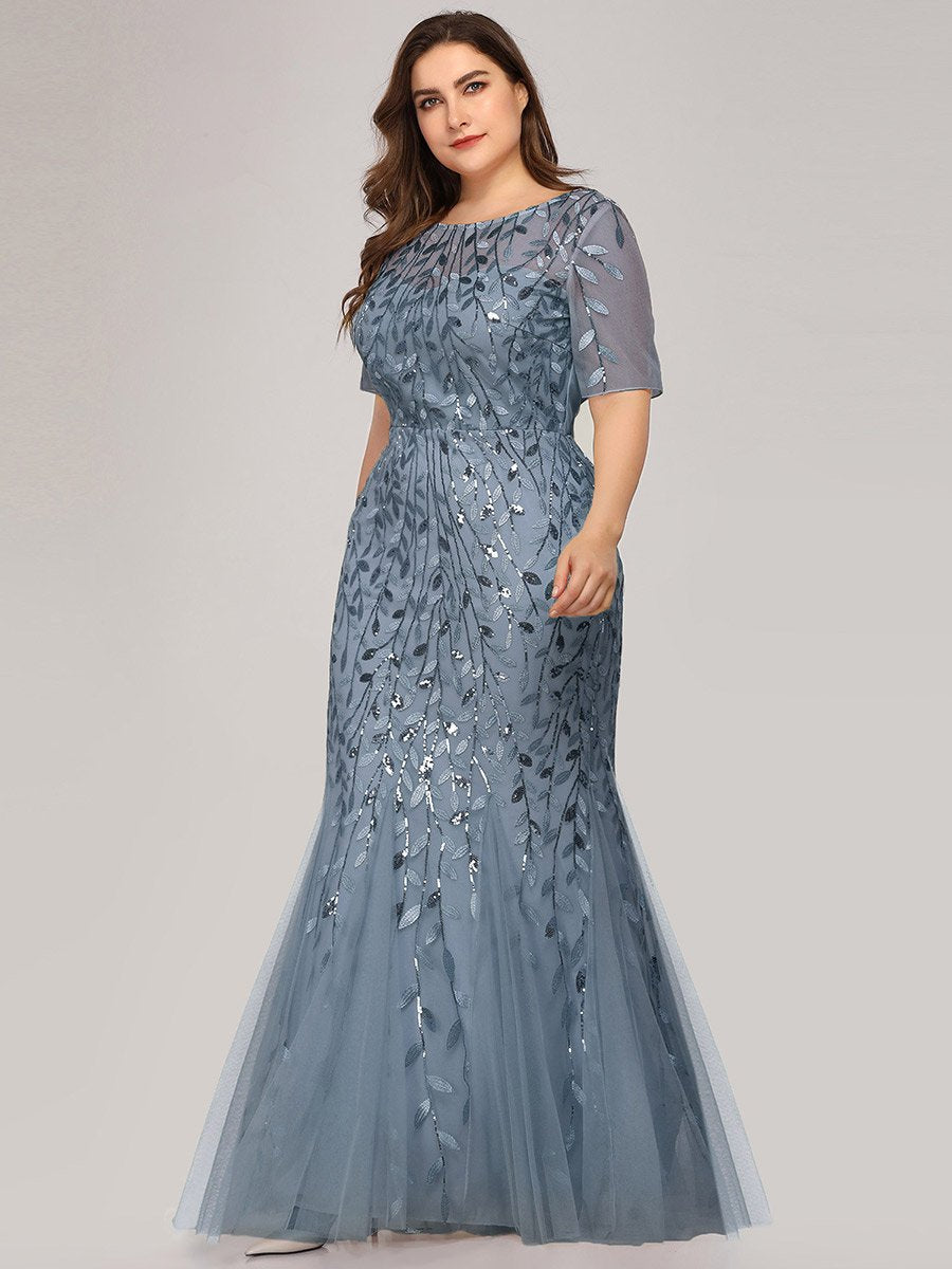 Color=Dusty Blue | Women'S Floral Sequin Print Fishtail Tulle Dresses For Party-Dusty Blue 6