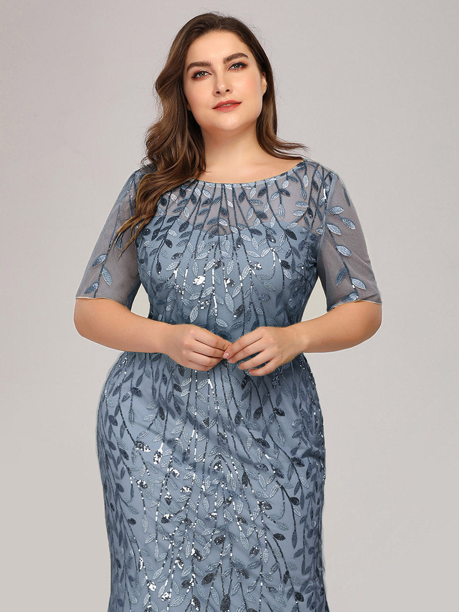 Color=Dusty Navy | Plus Size Floral Sequin Print Fishtail Tulle Dresses for Party-Dusty Navy 5
