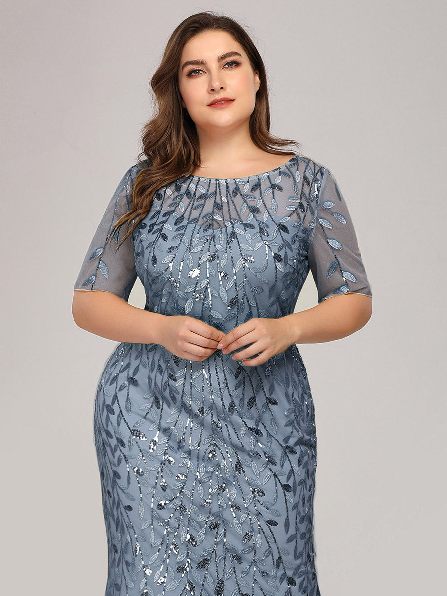 Color=Dusty Blue | Plus Size Floral Sequin Print Fishtail Tulle Dresses for Party-Dusty Blue 5
