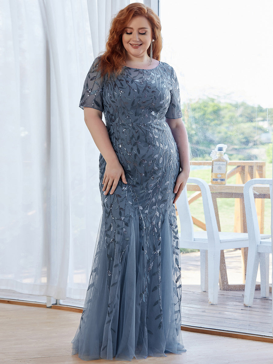 Color=Dusty Blue | Plus Size Floral Sequin Print Fishtail Tulle Dresses for Party-Dusty Blue 1