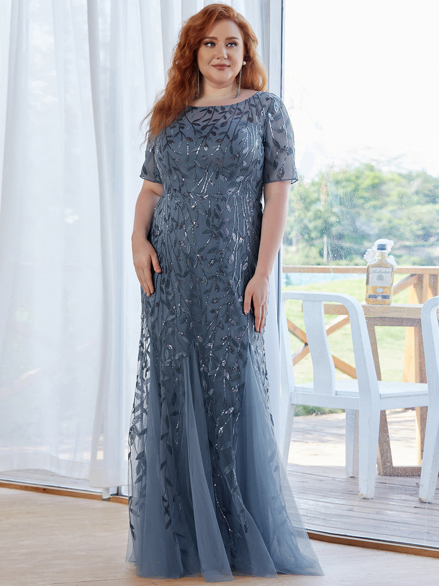 Color=Dusty Blue | Plus Size Floral Sequin Print Fishtail Tulle Dresses for Party-Dusty Blue 3