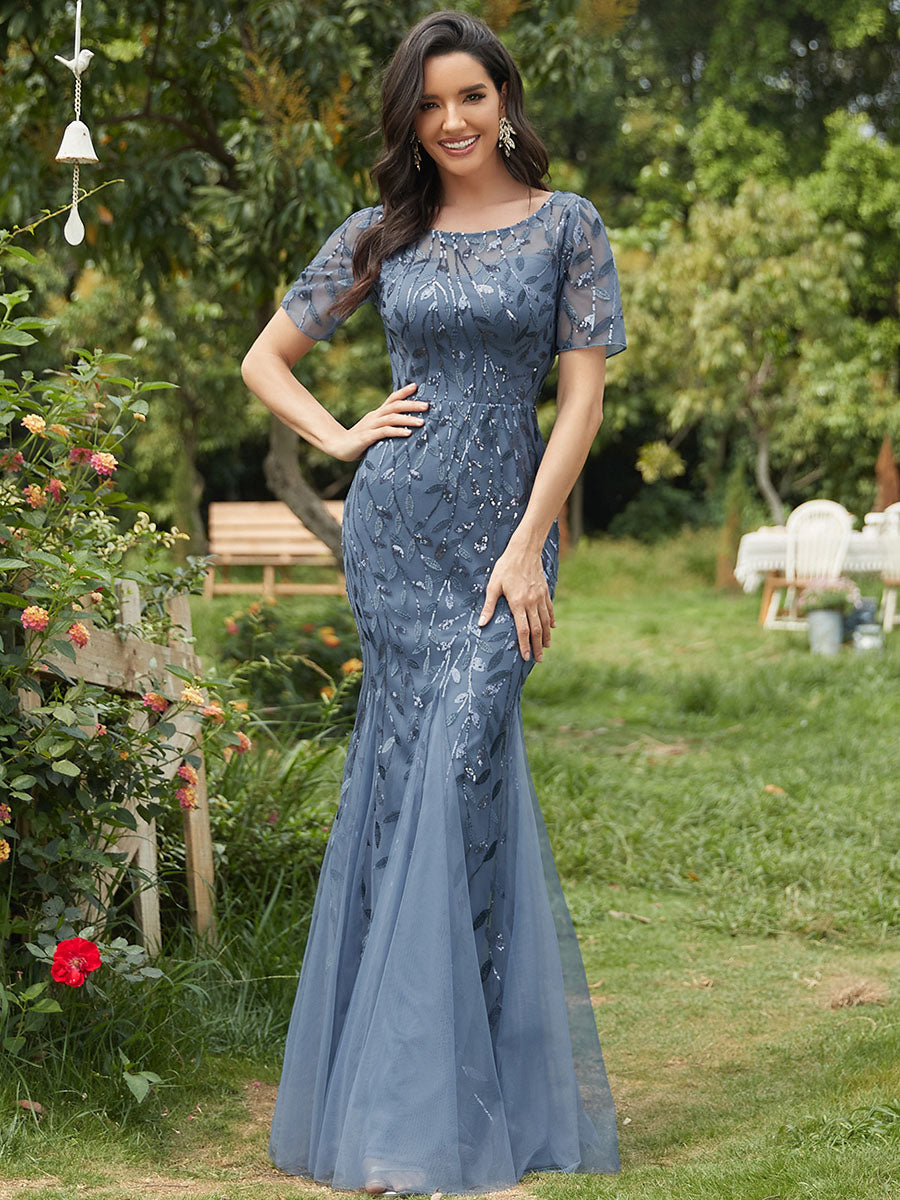 Color=Dusty Blue | Women'S Floral Sequin Print Fishtail Tulle Dresses For Party-Dusty Blue 1