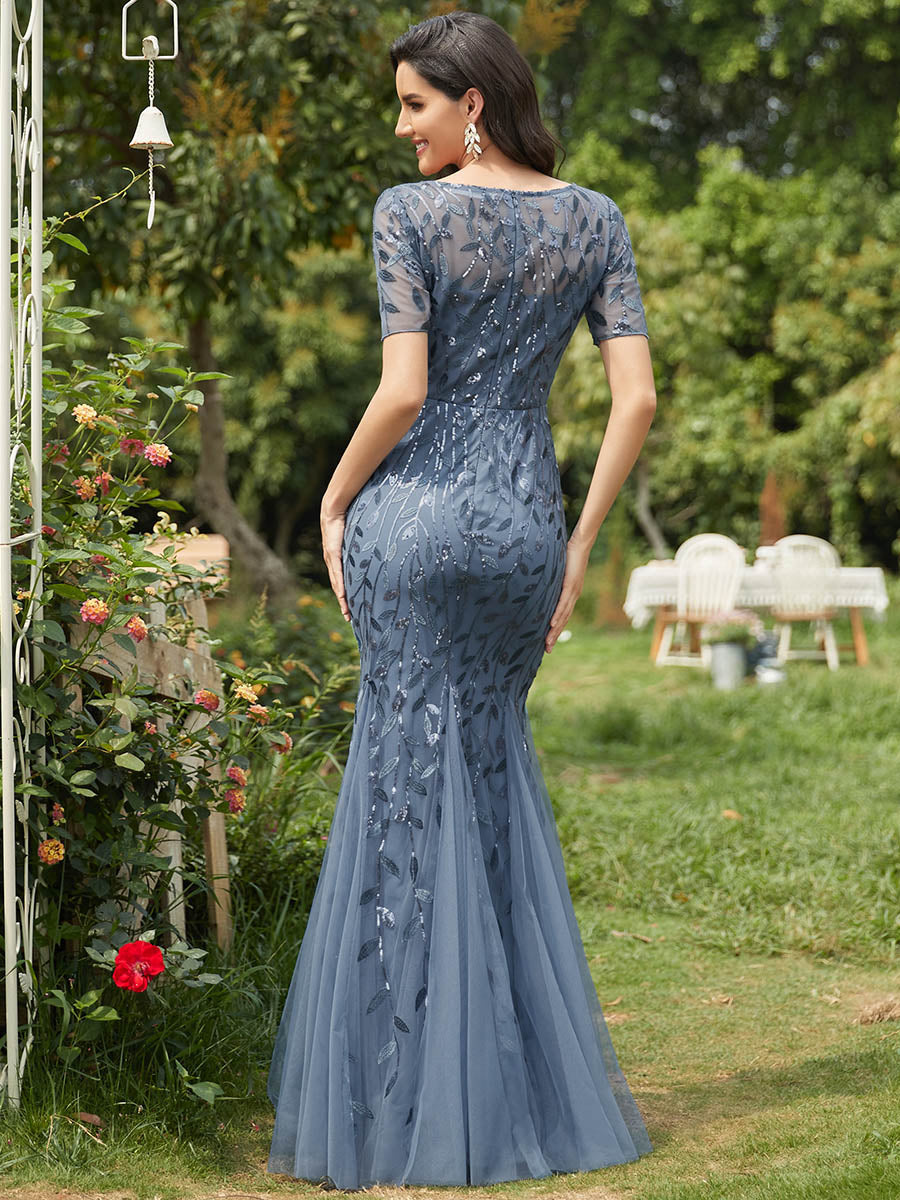 Color=Dusty Blue | Women'S Floral Sequin Print Fishtail Tulle Dresses For Party-Dusty Blue 2