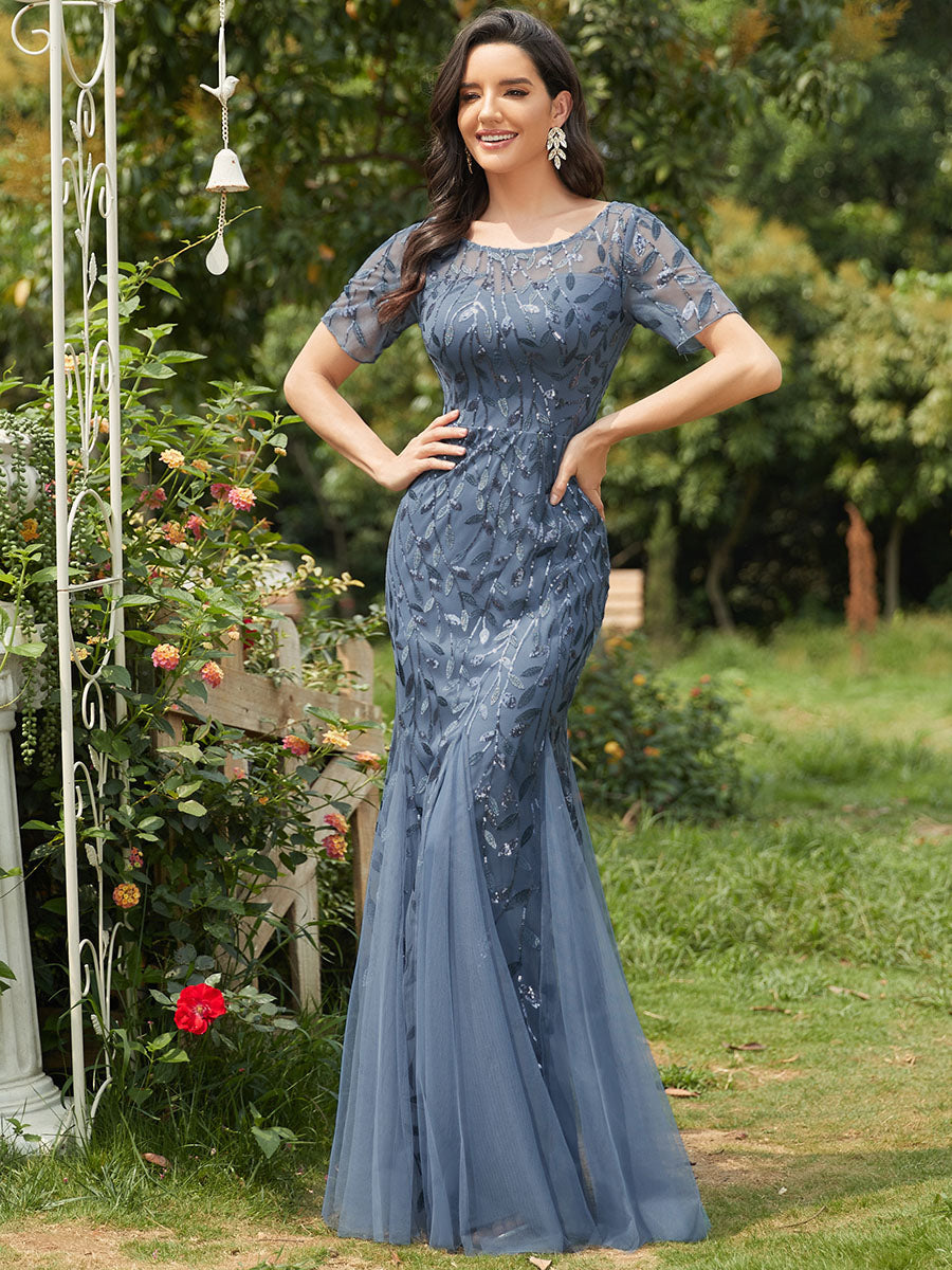 Color=Dusty Blue | Women'S Floral Sequin Print Fishtail Tulle Dresses For Party-Dusty Blue 5