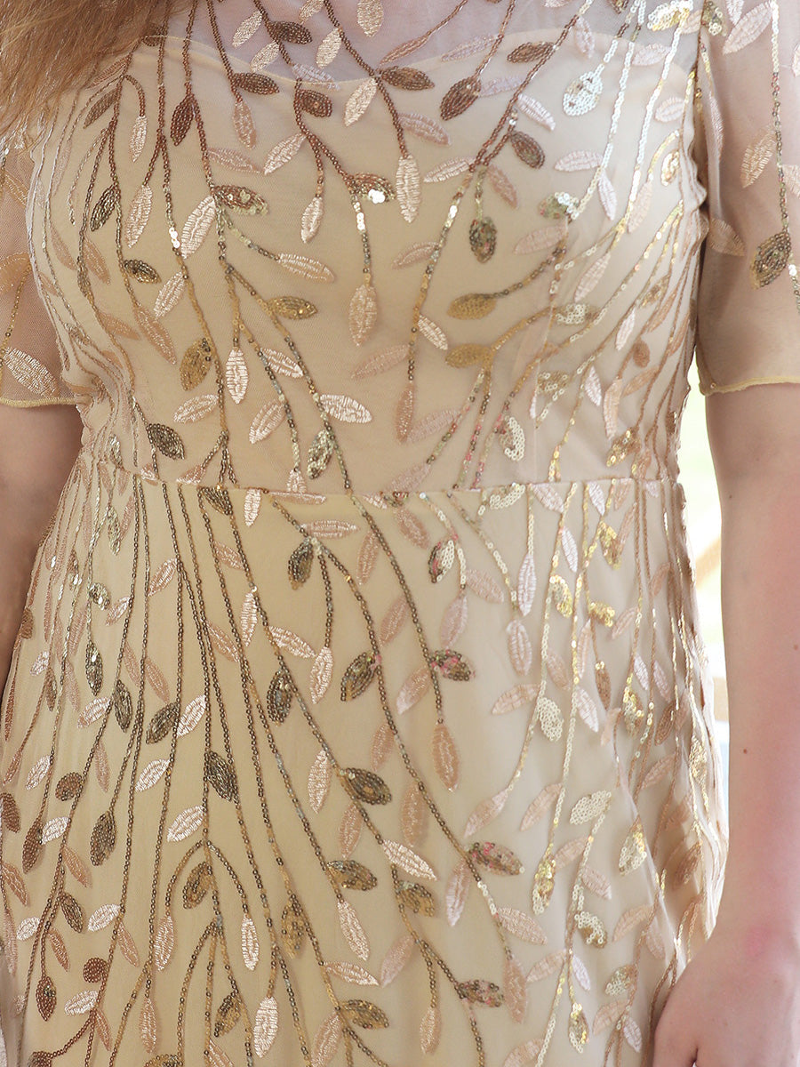 Color=Gold | Plus Size Floral Sequin Print Fishtail Tulle Dresses for Party-Gold 5