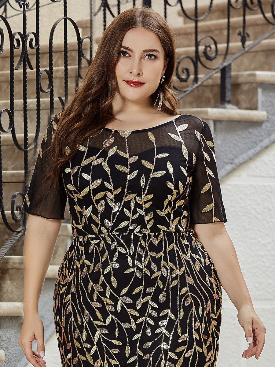 Color=Black & Gold | Plus Size Floral Sequin Print Fishtail Tulle Dresses for Party-Black & Gold 5