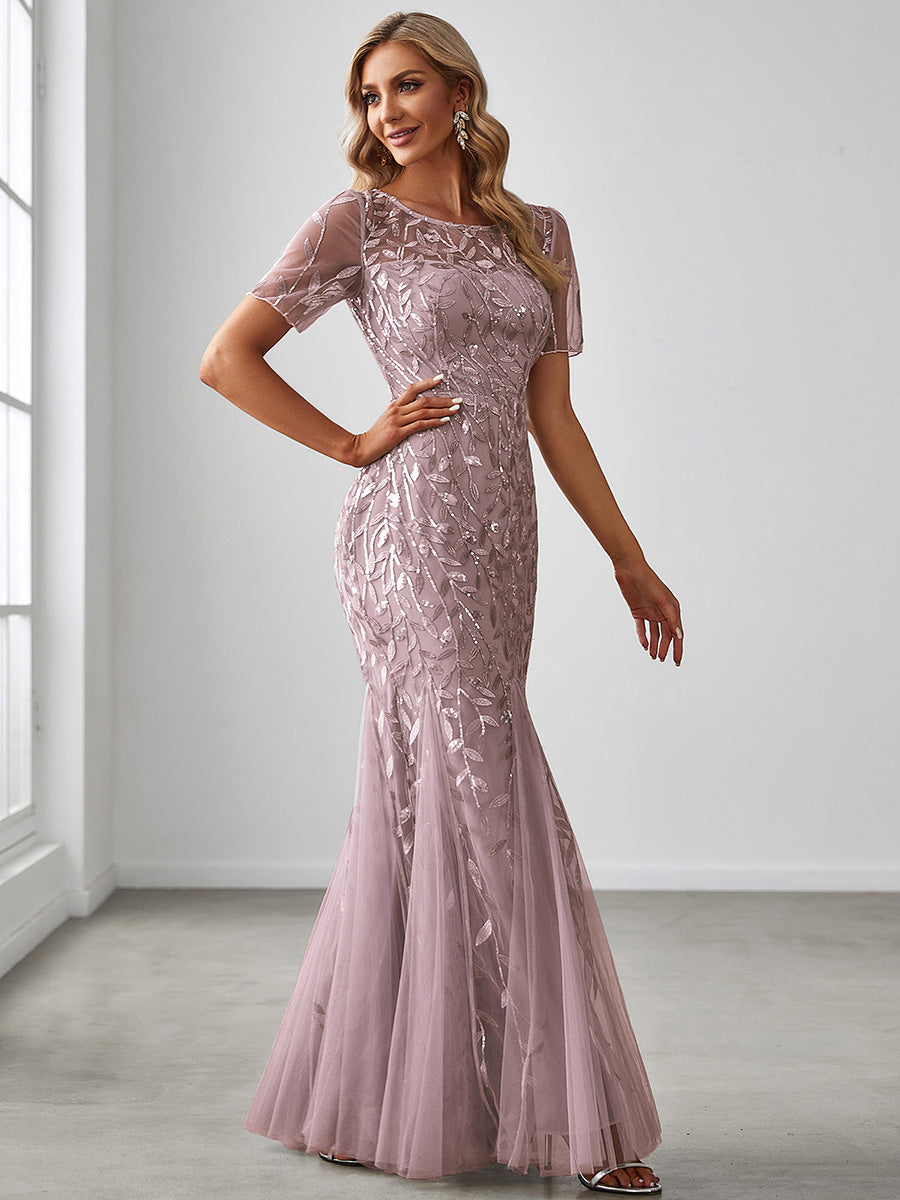 Color=Lilac | Women'S Floral Sequin Print Fishtail Tulle Dresses For Party-Lilac 1