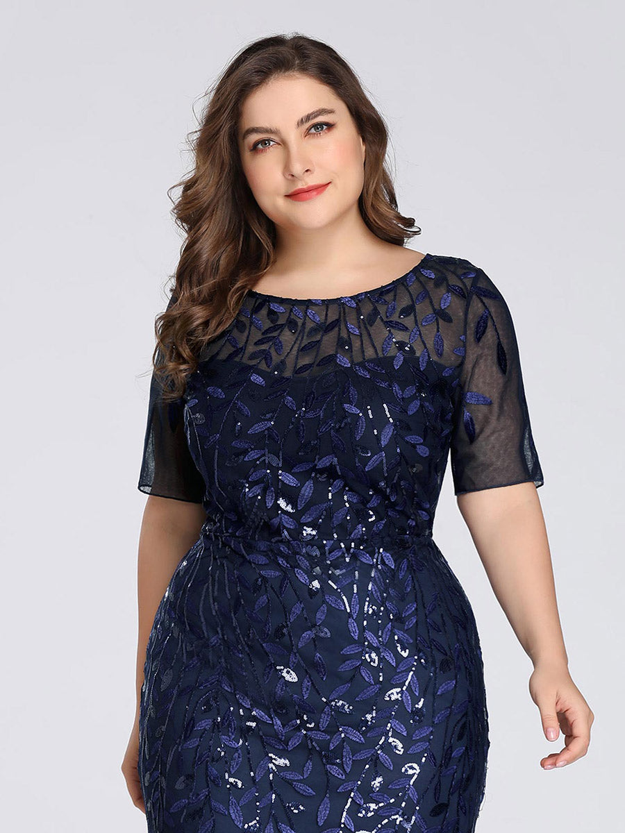 Color=Navy Blue | Plus Size Floral Sequin Print Fishtail Tulle Dresses for Party-Navy Blue 5
