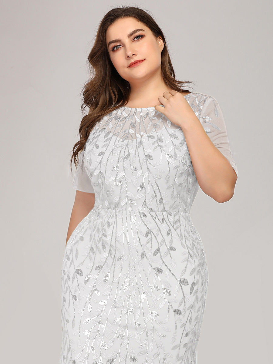 Color=White | Plus Size Floral Sequin Print Fishtail Tulle Dresses for Party-White 5