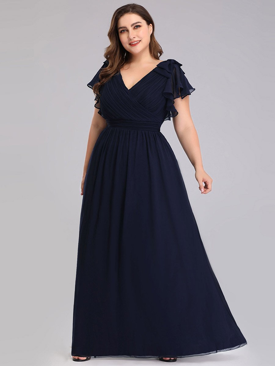 Color=Navy Blue | Plus Size Women Floral Sequin Print Fishtail Tulle Dresses Ez07709-Navy Blue 1