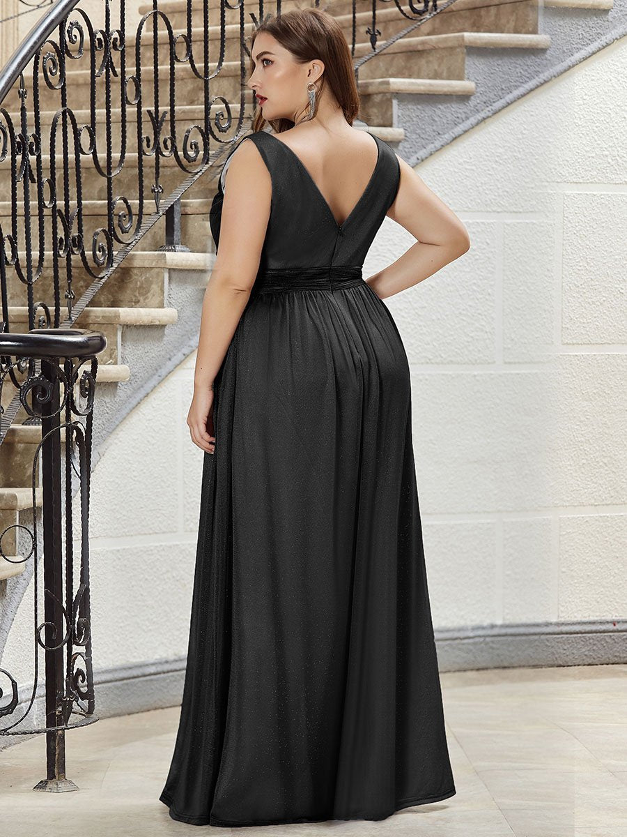 Color=Black | Double V Neck Floor Length Sparkly Wholesale Evening Dresses for Party-Black 7