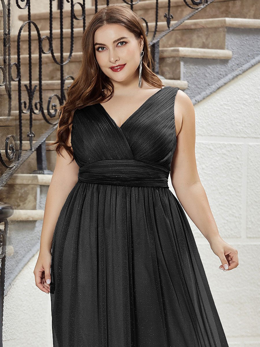 Color=Black | Double V Neck Maxi Long Plus Size Evening Dresses for Party-Black 5