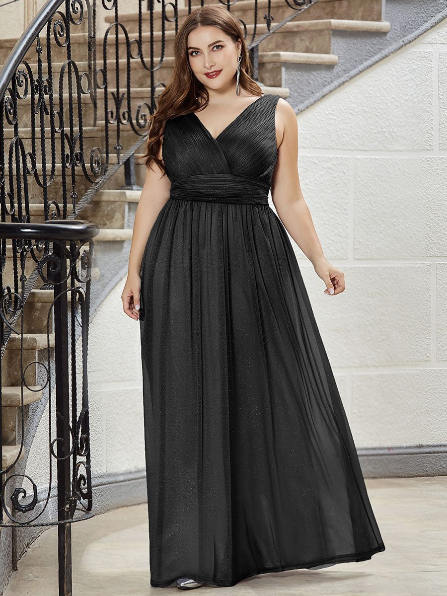 Color=Black | Double V Neck Floor Length Sparkly Wholesale Evening Dresses for Party-Black 6